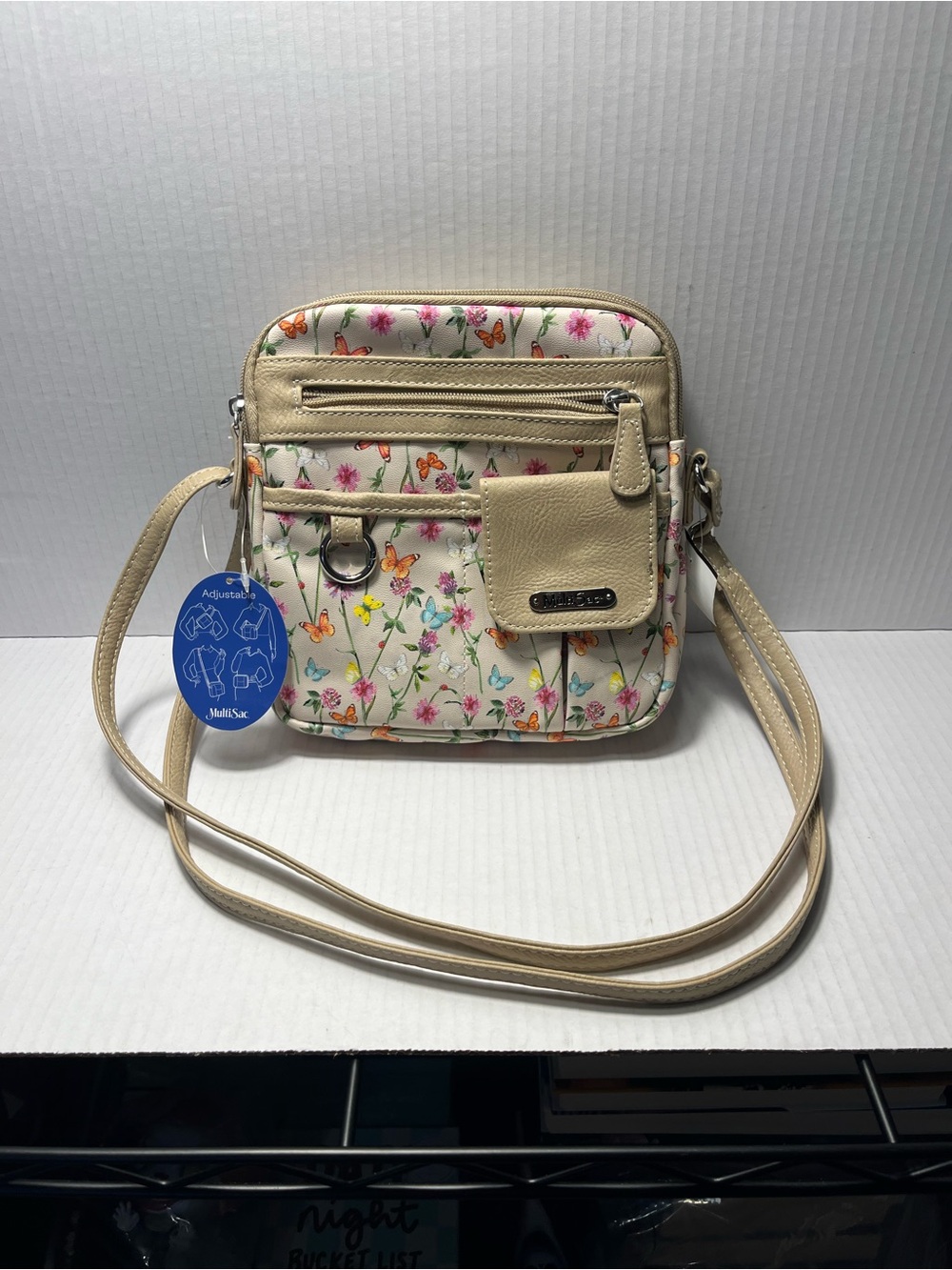 MultiSac Women’s North South Mini Zip Around Floral Crossbody Bag Brown Trim NWT